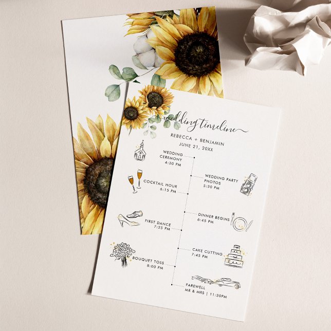 Sunflower Floral Wedding Itinerary with Icons Program (Floral Sunflower Eucalyptus Wedding Program Timeline Card)