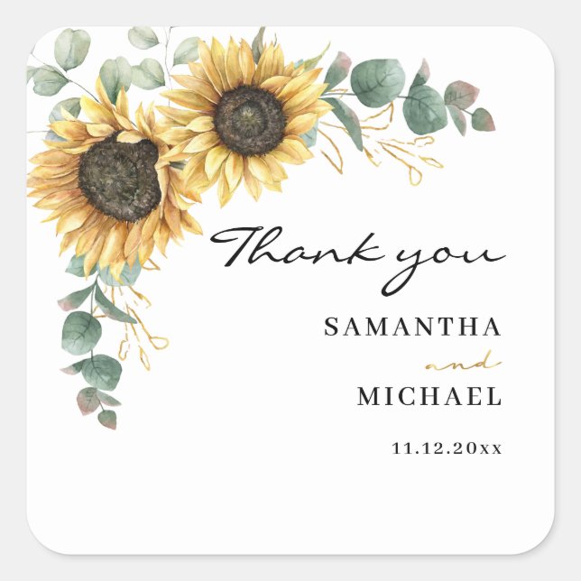 Sunflower Floral Wedding Thank You Square Sticker (Front)