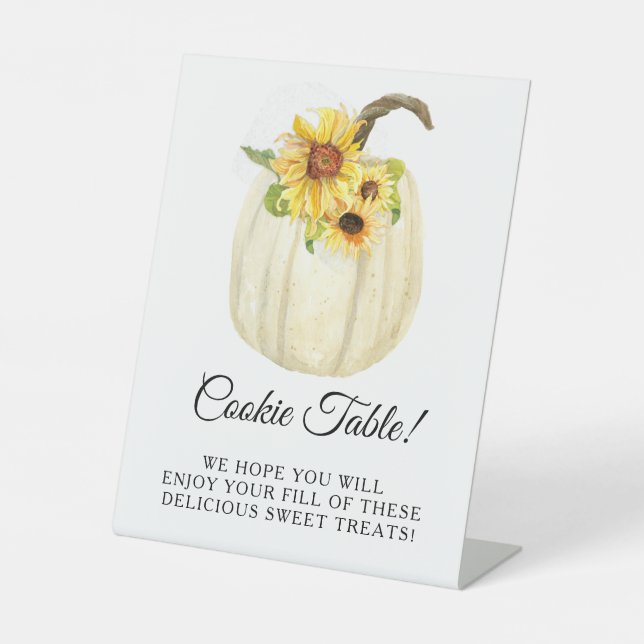 Sunflower Floral White Pumpkin Shower Cookie Table Pedestal Sign (Front)