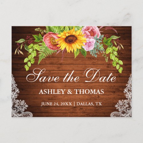 Sunflower Floral Wood Lace Save The Date Invitation Postcard