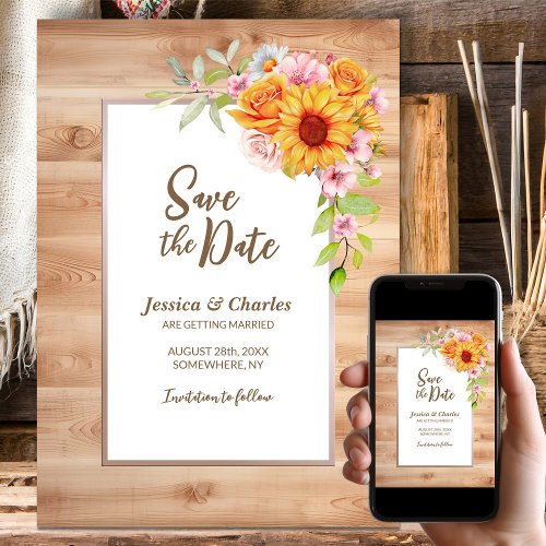 Sunflower Floral Wood Wedding Save The Date