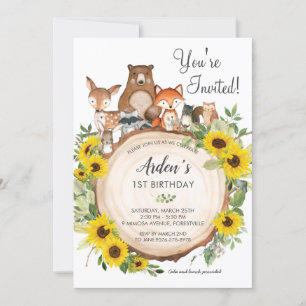 Sunflower Floral Woodland Animals Birthday Invitation