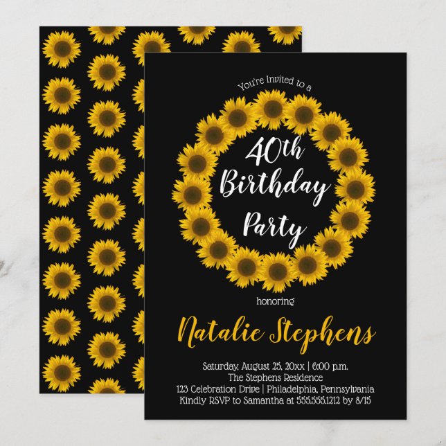 Sunflower Floral Wreath Birthday Party Invitation (Front/Back)