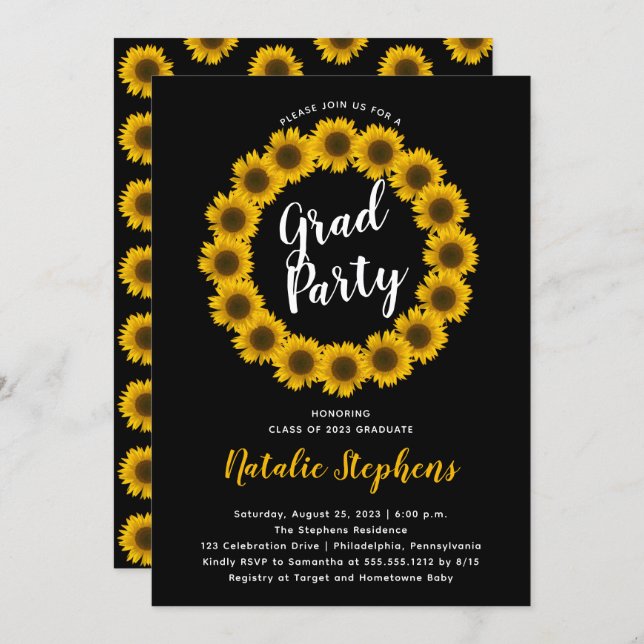 Sunflower Floral Wreath Graduation Party Invitation (Front/Back)