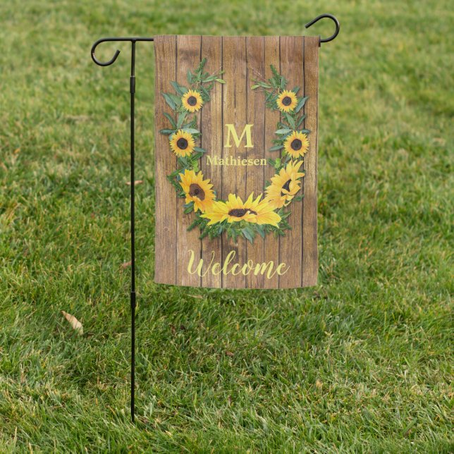 Sunflower Floral Wreath Monogram Garden Flag (In SItu)
