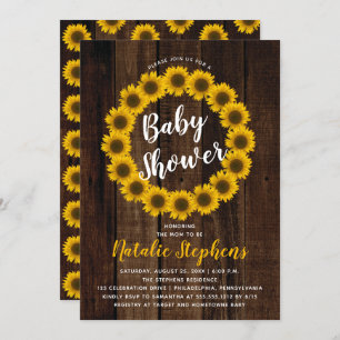 Sunflower Floral Wreath Wood Baby Shower Invite