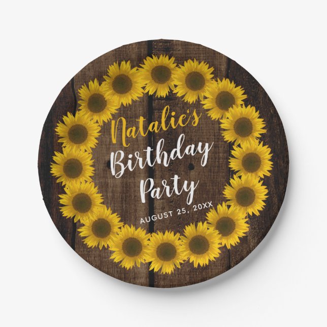 Sunflower Floral Wreath Wood Look Birthday Party Paper Plates (Front)