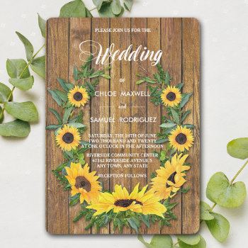 Sunflower Floral Wreath Wood Wedding Invitation by AvenueCentral at Zazzle