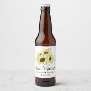Sunflower Floral Yellow Just Married Wedding Beer Bottle Label