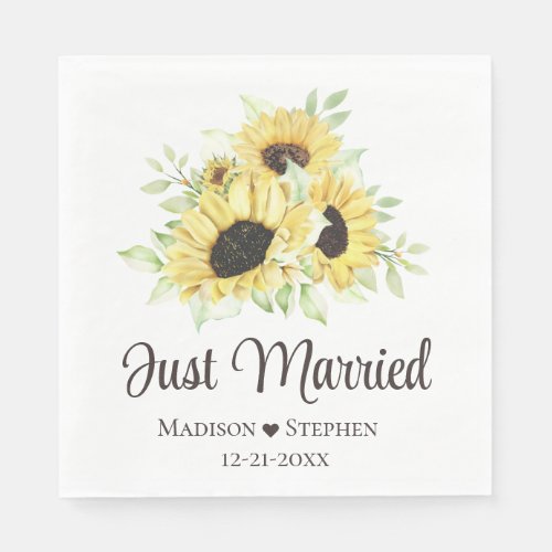 Sunflower Floral Yellow Just Married Wedding Napkins