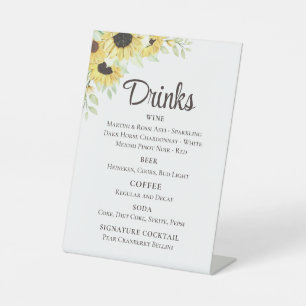 Sunflower Floral Yellow Rustic Drinks Wedding Bar Pedestal Sign
