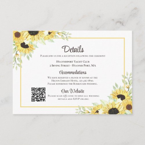Sunflower Floral Yellow Rustic Wedding Details Enclosure Card