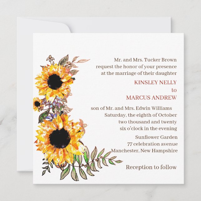 Sunflower Floral Yellow Rustic Wedding Invitation (Front)