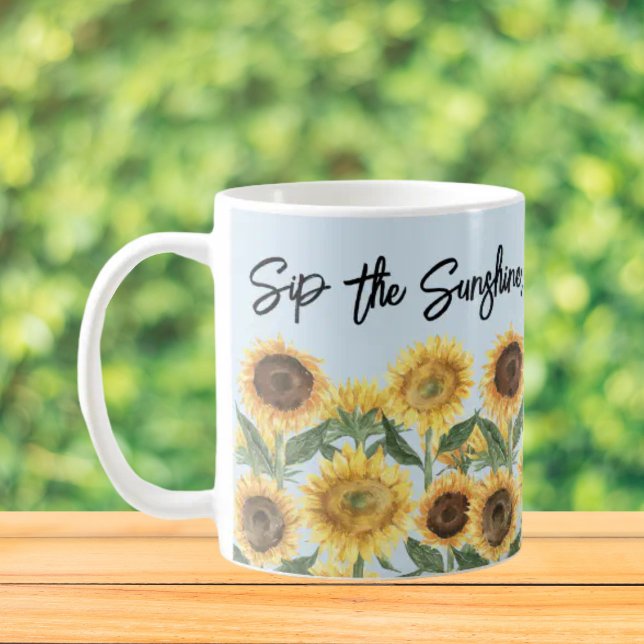 Sunflower Flower Floral Personalized Quote Coffee Mug (Close up, On the table)