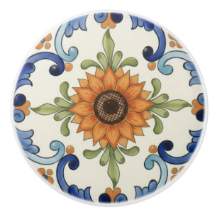 Sunflower Flower Mediterranean Blue Orange  Cream Ceramic Knob
