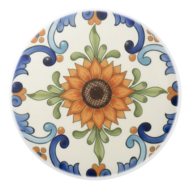 Sunflower Flower Mediterranean Blue Orange  Cream Ceramic Knob (Front)