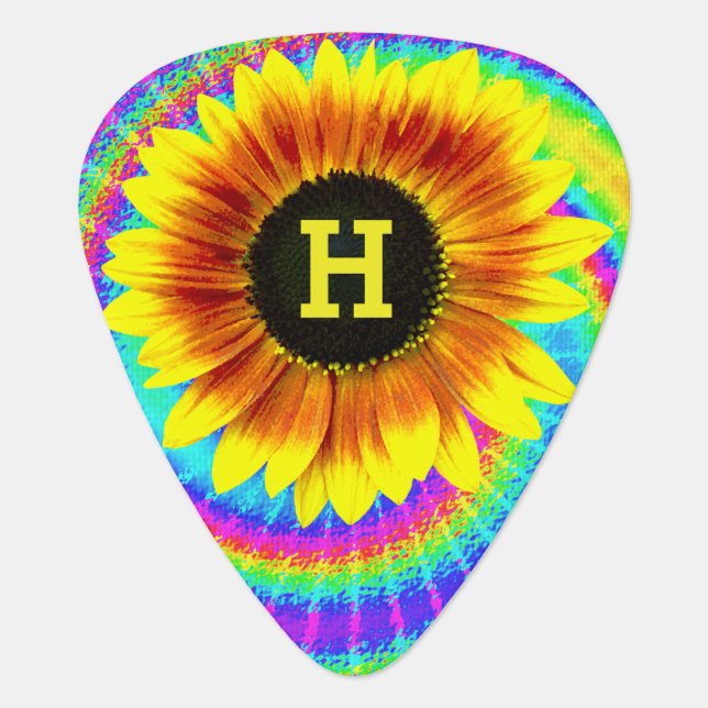 Sunflower Flower Power Tiedyed Retro Monogram Guitar Pick (Front)