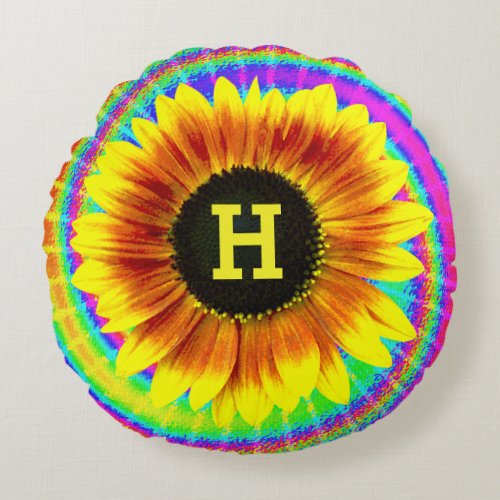 Sunflower Flower Power Tiedyed Retro Monogram Round Pillow