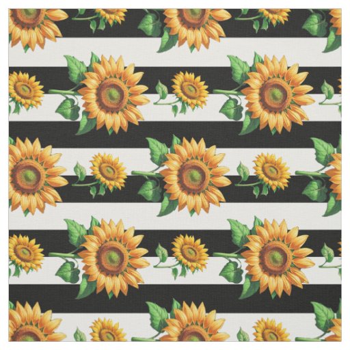 Sunflower Flower With Black White Stripes Textile Fabric