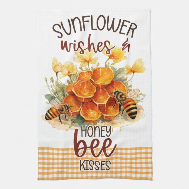 Sunflower Flowers Gingham Honey Bees  Kitchen Towel (Vertical)