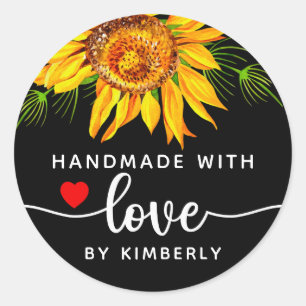 Sunflower Flower's Handmade with Love Black Classic Round Sticker