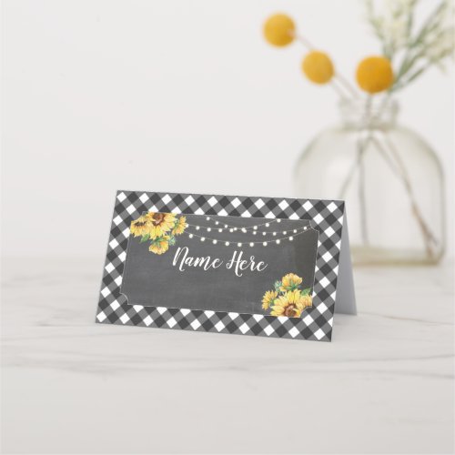Sunflower Folded Name Cards Wedding Black White