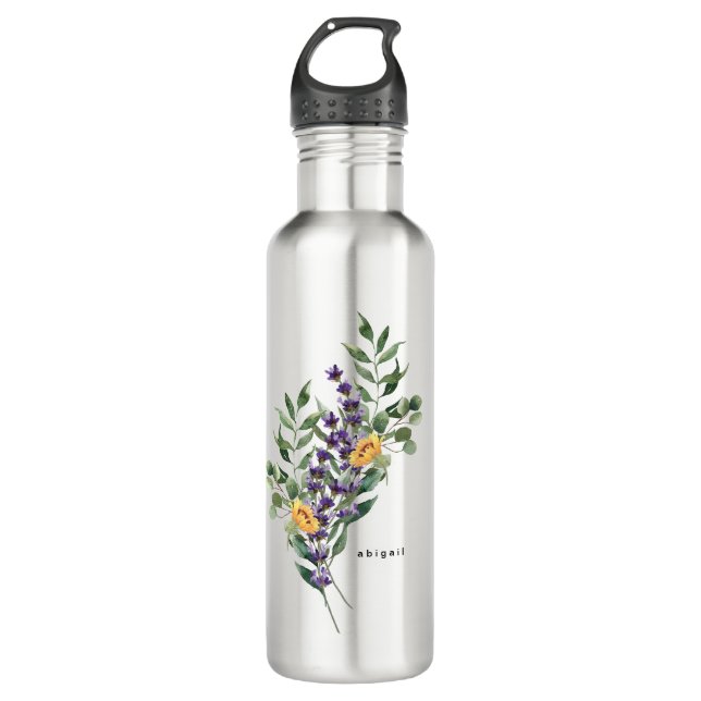Sunflower, Foliage & Lavender Custom Name Stainless Steel Water Bottle (Front)