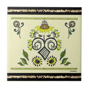 Sunflower Folk Pattern by Alexandra Cook Ceramic Tile
