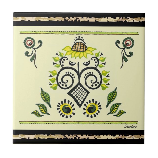 Sunflower Folk Pattern by Alexandra Cook Ceramic Tile (Front)