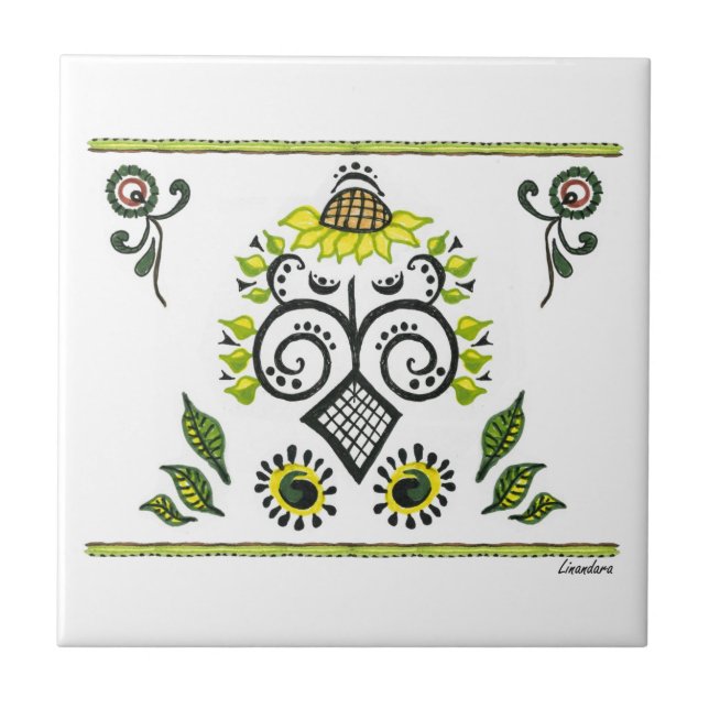 Sunflower Folk Pattern by Alexandra Cook Ceramic Tile (Front)