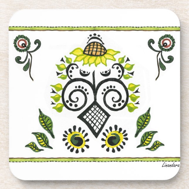 Sunflower Folk Pattern by Alexandra Cook Drink Coaster (Front)