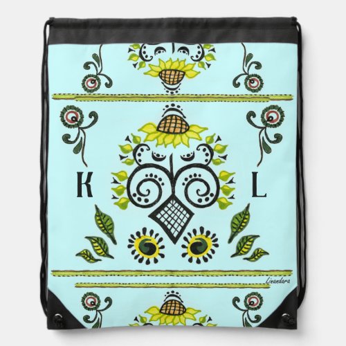 Sunflower Folk Pattern on blue and your initials Drawstring Bag