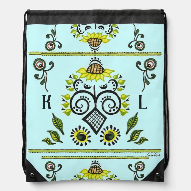 Sunflower Folk Pattern on blue and your initials Drawstring Bag (Front)