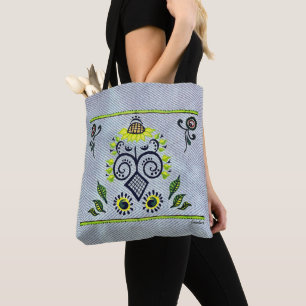 Sunflower Folk Pattern on denim by Alexandra Cook Tote Bag