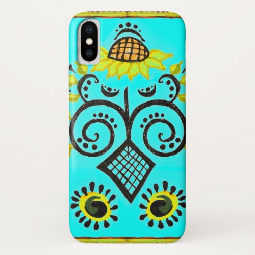 Sunflower Folk Pattern on Turquoise Blue iPhone XS Case