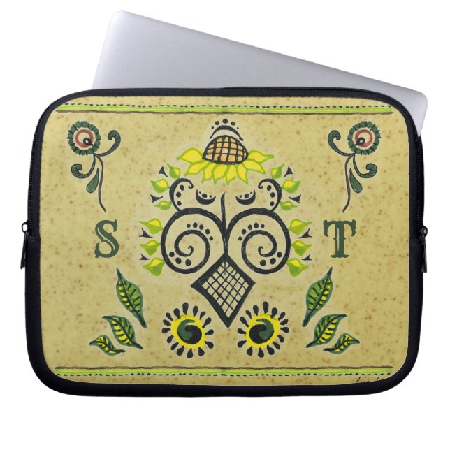 Sunflower Folk Pattern & Your Initials Laptop Sleeve (Front)
