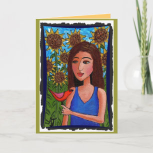 Sunflower Forest, Girl & Red Bird - greeting card