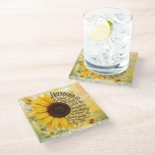 Sunflower Friendship Quote Glass Coaster