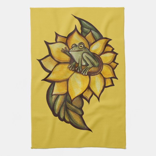 Sunflower Frog Floral Froggy Flower                Kitchen Towel (Vertical)