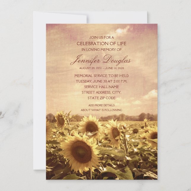 Sunflower Funeral Announcements Memorial Cards (Front)
