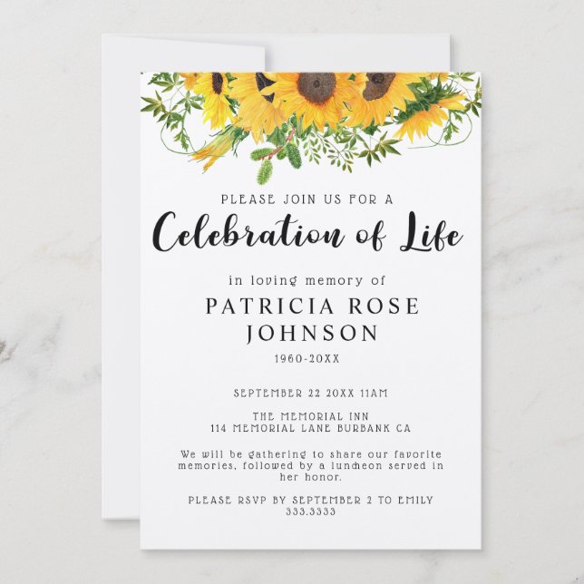 Sunflower Funeral Celebration of Life Announcement (Front)