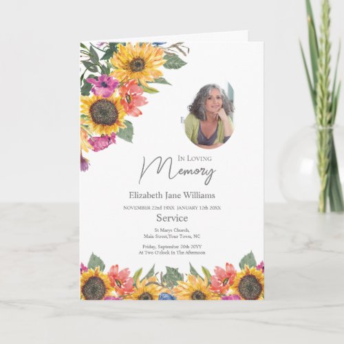 Sunflower Funeral Order of Service 4 Photo  Card