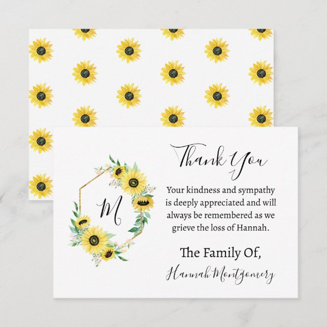 Sunflower Funeral Sympathy Thank You Note Card (Front/Back)