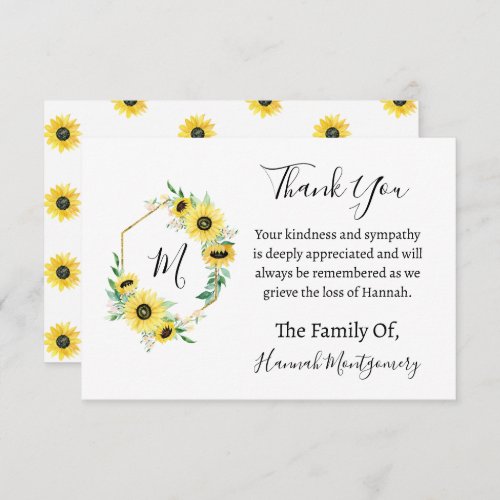 Sunflower Funeral Sympathy Thank You Note Card