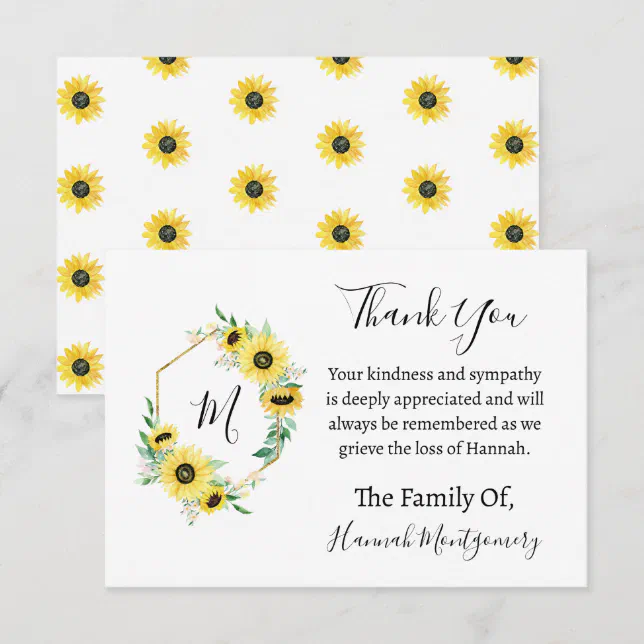 Sunflower Funeral Sympathy Thank You Note Card | Zazzle