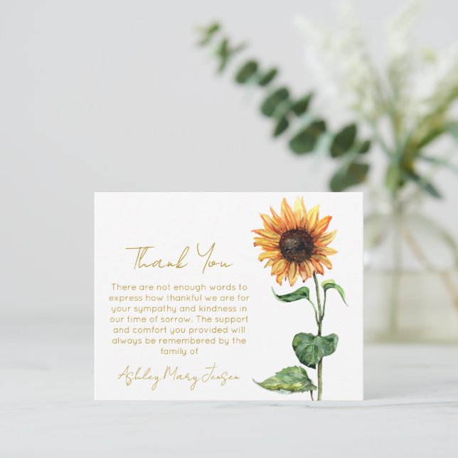 Sunflower Funeral Thank You Card Bereavement  (Standing Front)