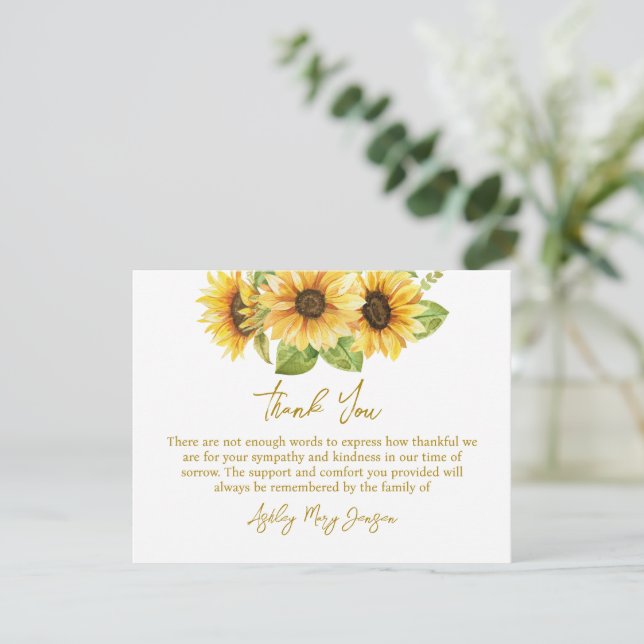 Sunflower Funeral Thank You Note Card Bereavement (Standing Front)