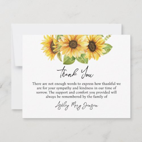 Sunflower Funeral Thank You Note Card Bereavement