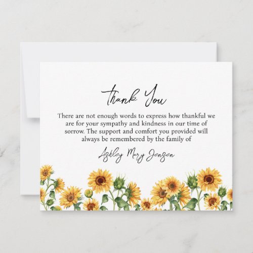 Sunflower Funeral Thank You Note Card Bereavement