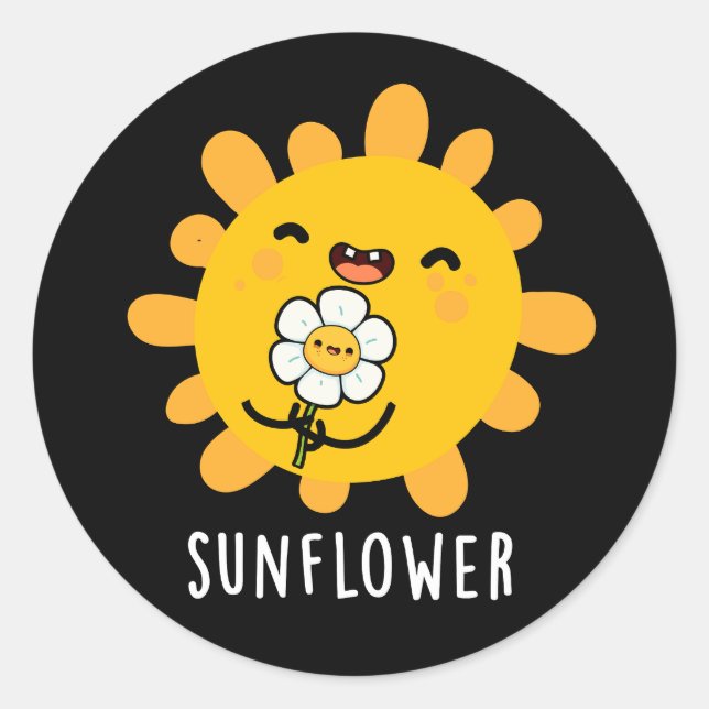 Sunflower Funny Sun And Flower Pun Dark BG Classic Round Sticker (Front)